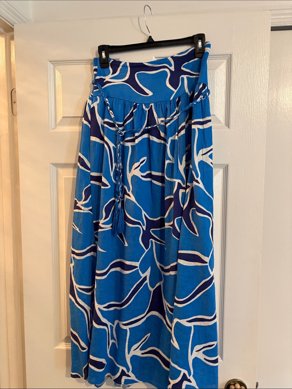 RACHEL Rachel Roy Blue & White Abstract Print Maxi Skirt with Waist Tie